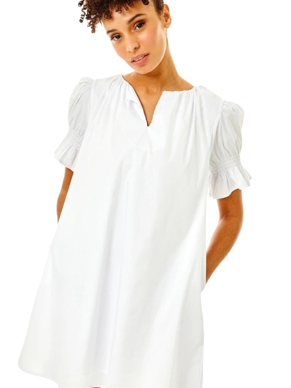 Addison Bay Poplin Newport Dress White Puff Sleeve Smocked Cotton Lined Lg NWT